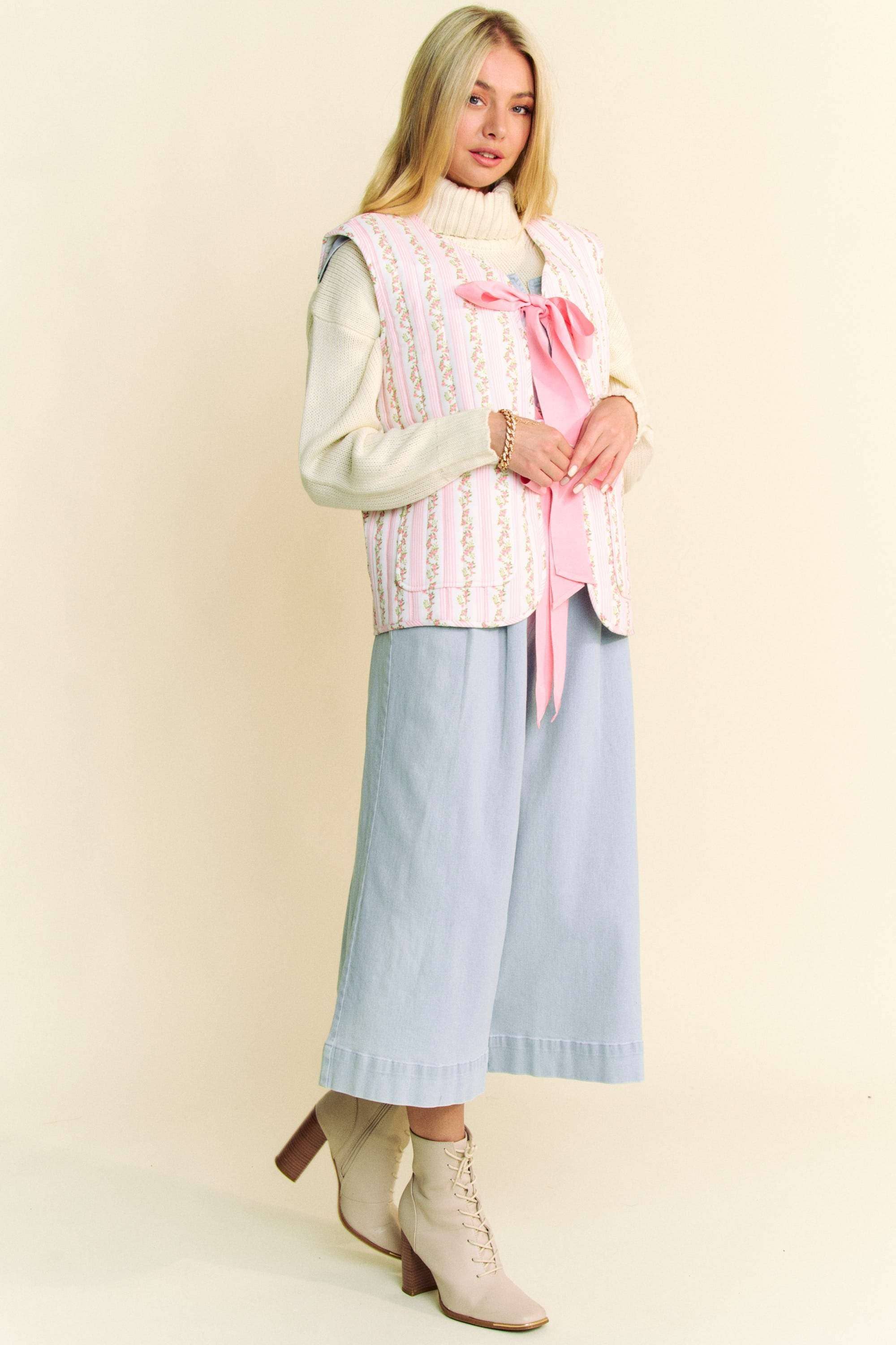 QUILTED FLORAL BOW TIE FRONT PADDING VEST JACKET