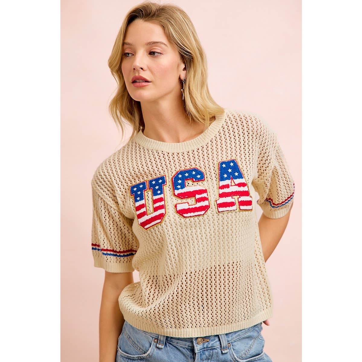 4TH OF JULY USA LETTERING PATHCH OPEN KNIT TOP