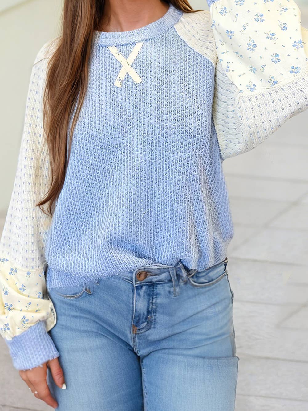 Spring Textured Knit Floral Patchwork Long Sleeve Top