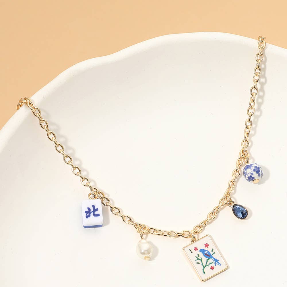 Mahjong Tile Pearl Stone Charm Necklace