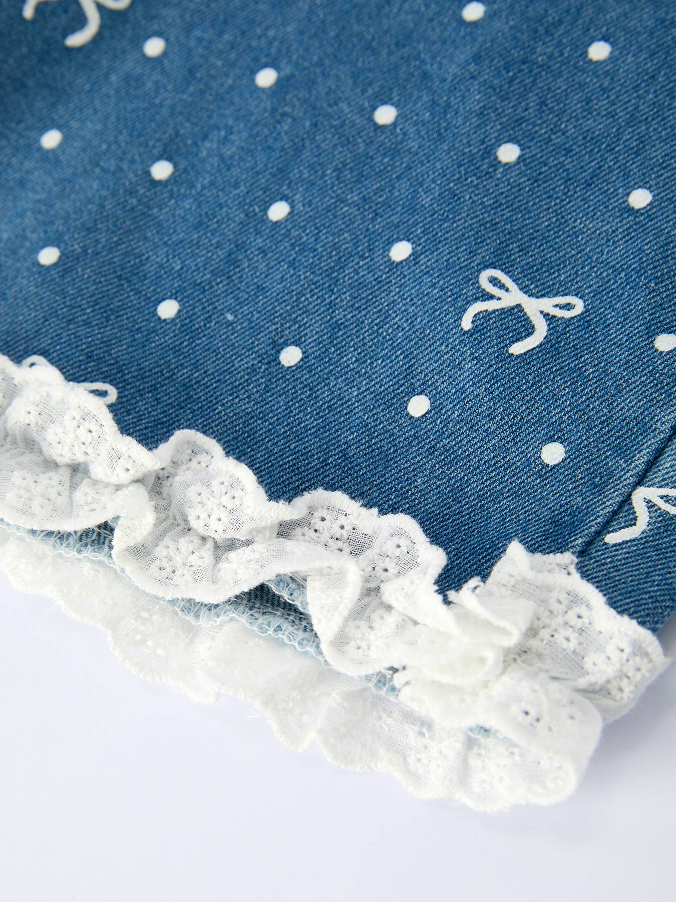 Spring Bow Dot Denim Ruffle Top and Pants Set 3/4 Pants