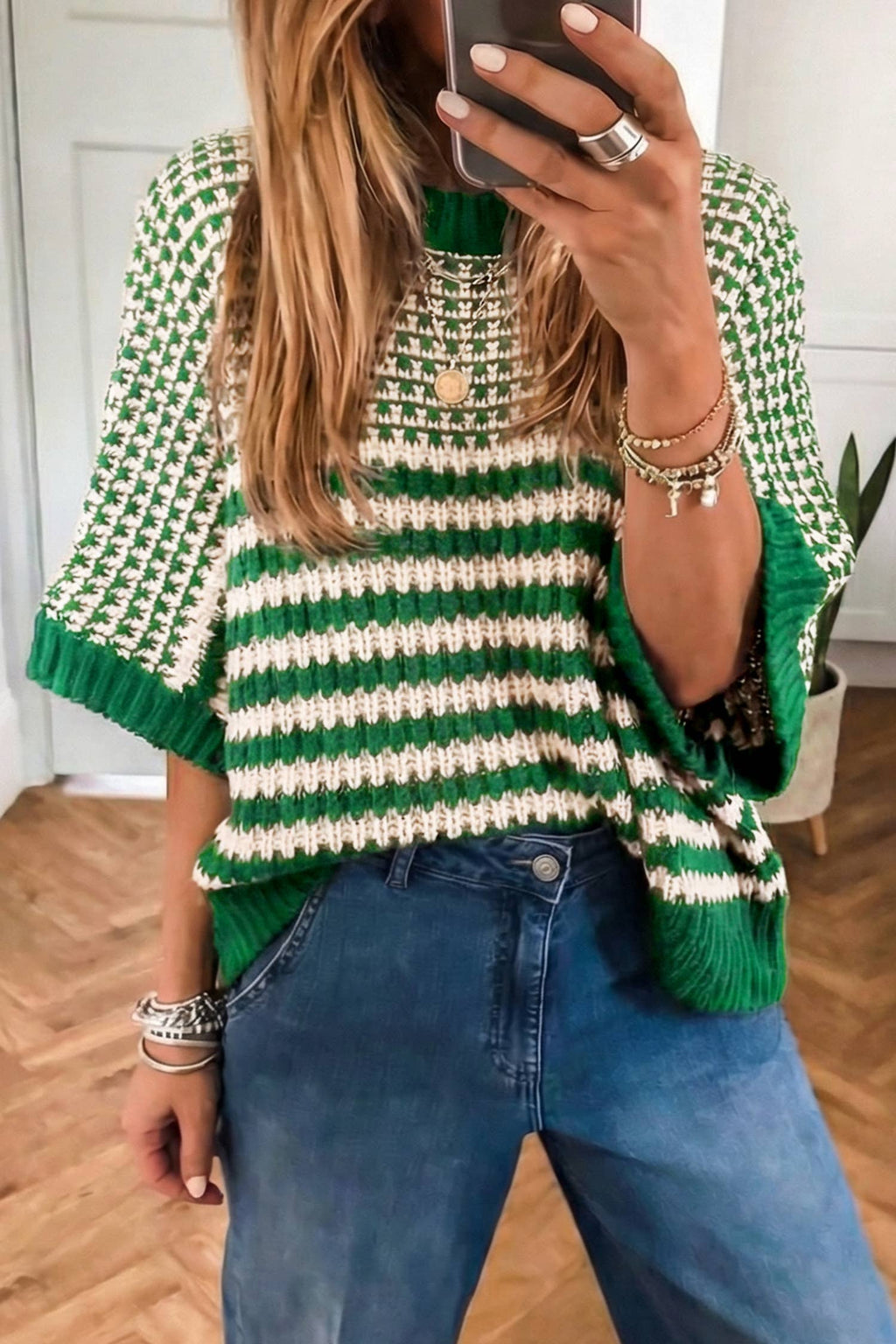 Spring 2026 Stripe 3/4 Draped Sleeve Slouchy Sweater