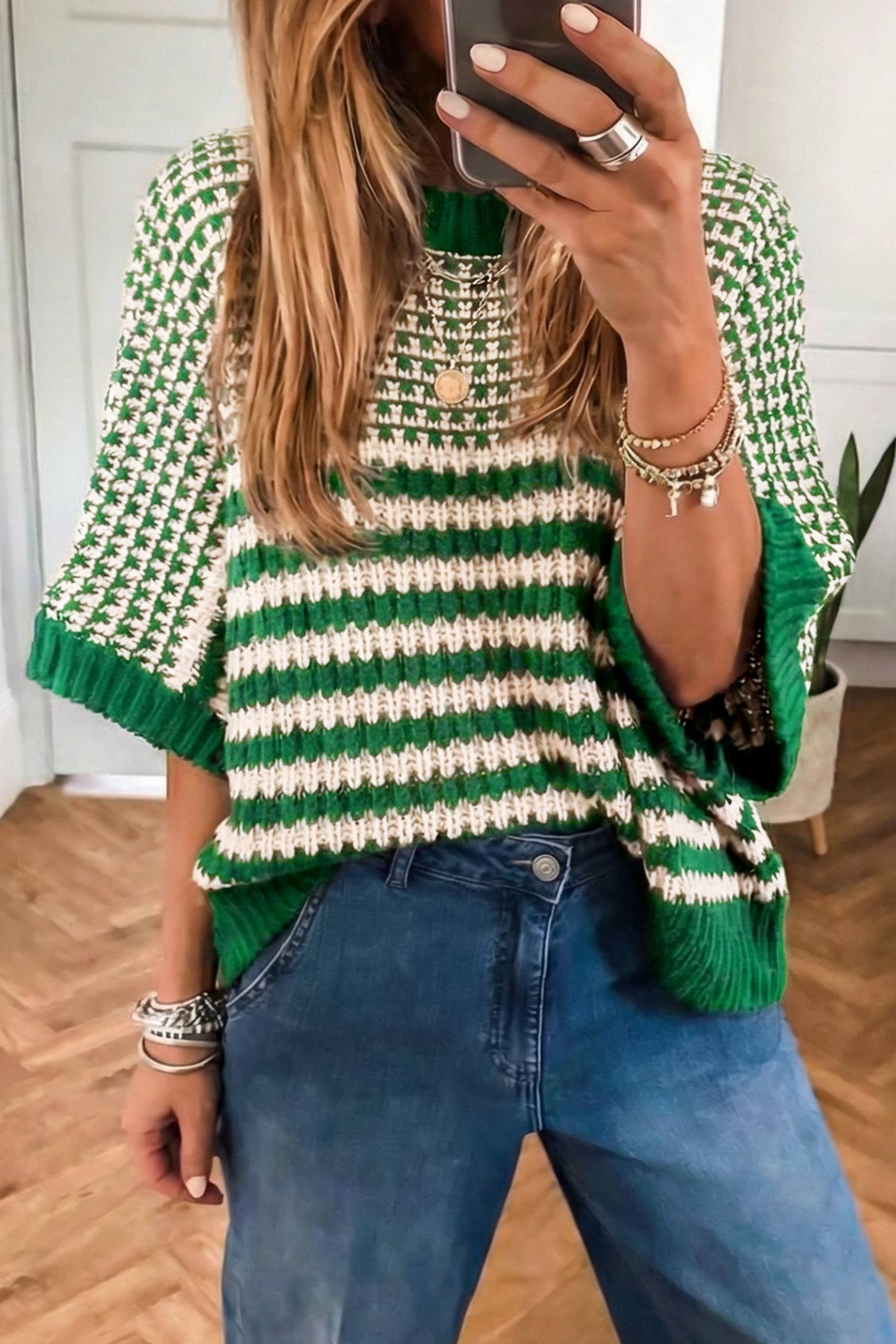 Spring 2026 Stripe 3/4 Draped Sleeve Slouchy Sweater