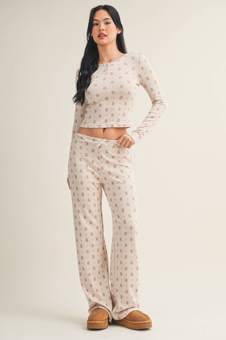Crewneck Teddy Bear Print Pointelle Lounge Set