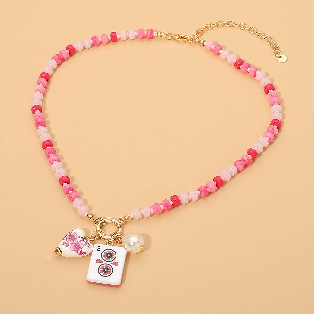 Mahjong Tile Charm Pearl Floral Bead Ball Charm Pendant Beaded Necklace