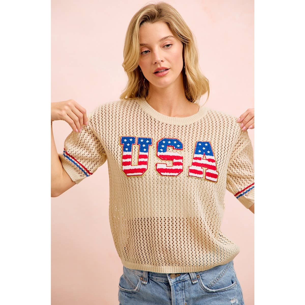 4TH OF JULY USA LETTERING PATHCH OPEN KNIT TOP