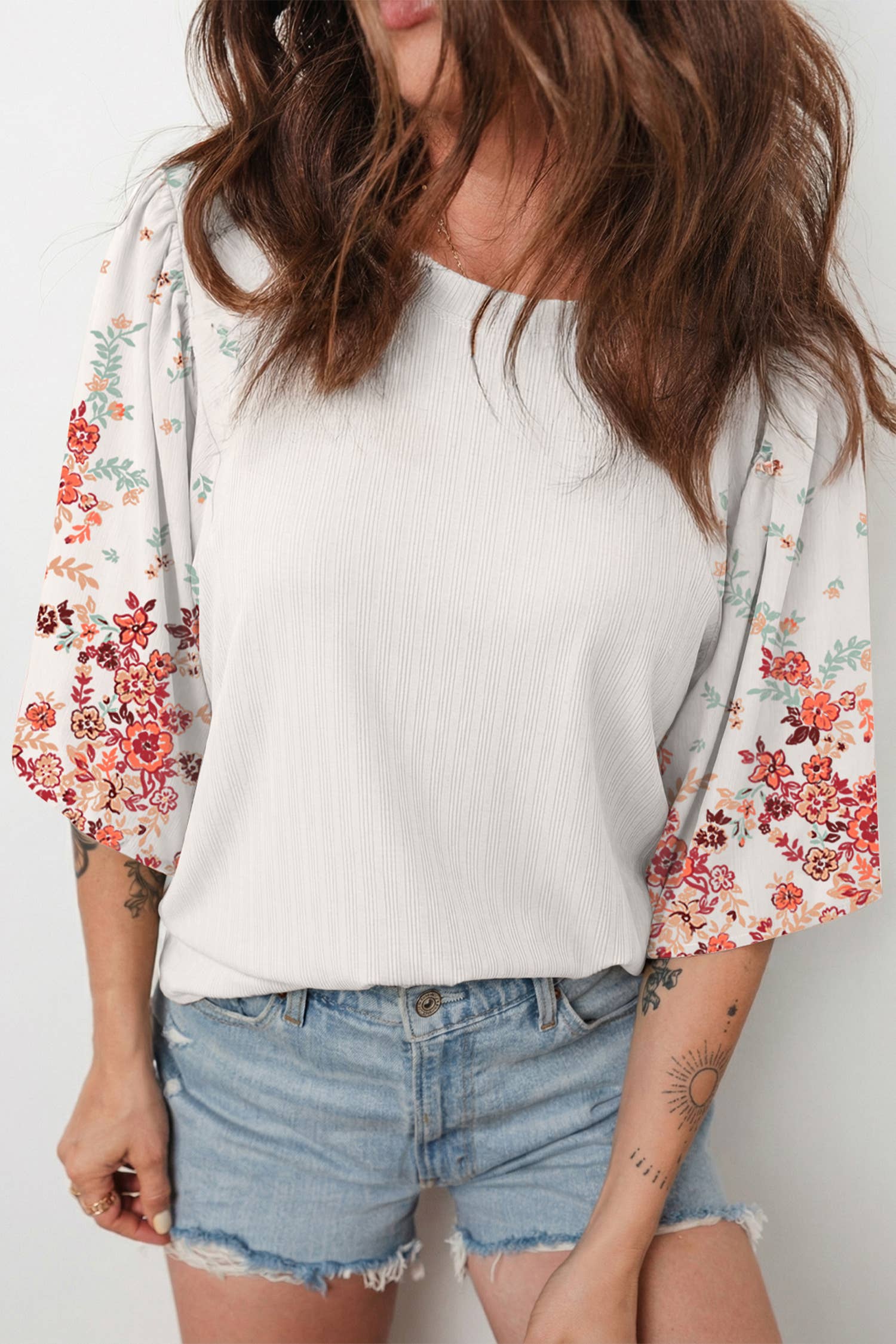 Ribbed Texture Floral Print Half Sleeve Patchwork Top