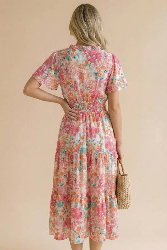 Notch Neck Smocked Waist Maxi Floral Dress