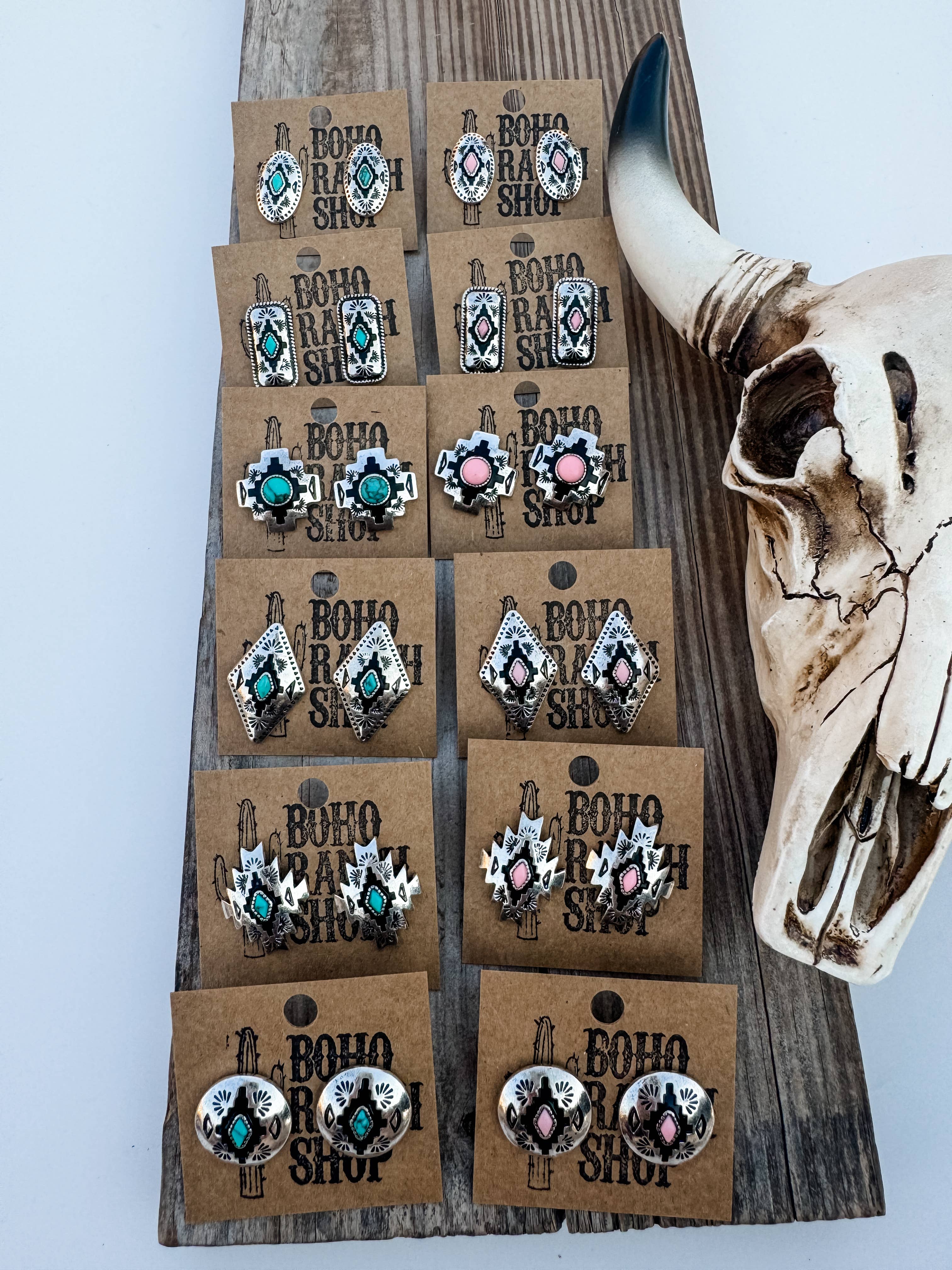 Western Hand Stone Aztec Post Earrings - turquoise pink