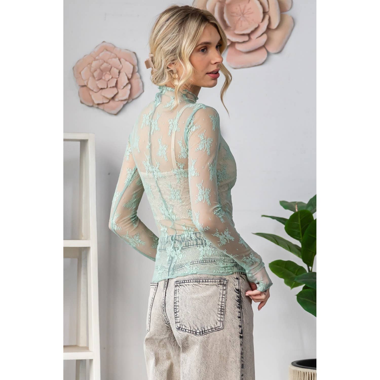 Lace Long Sleeve See Through Top