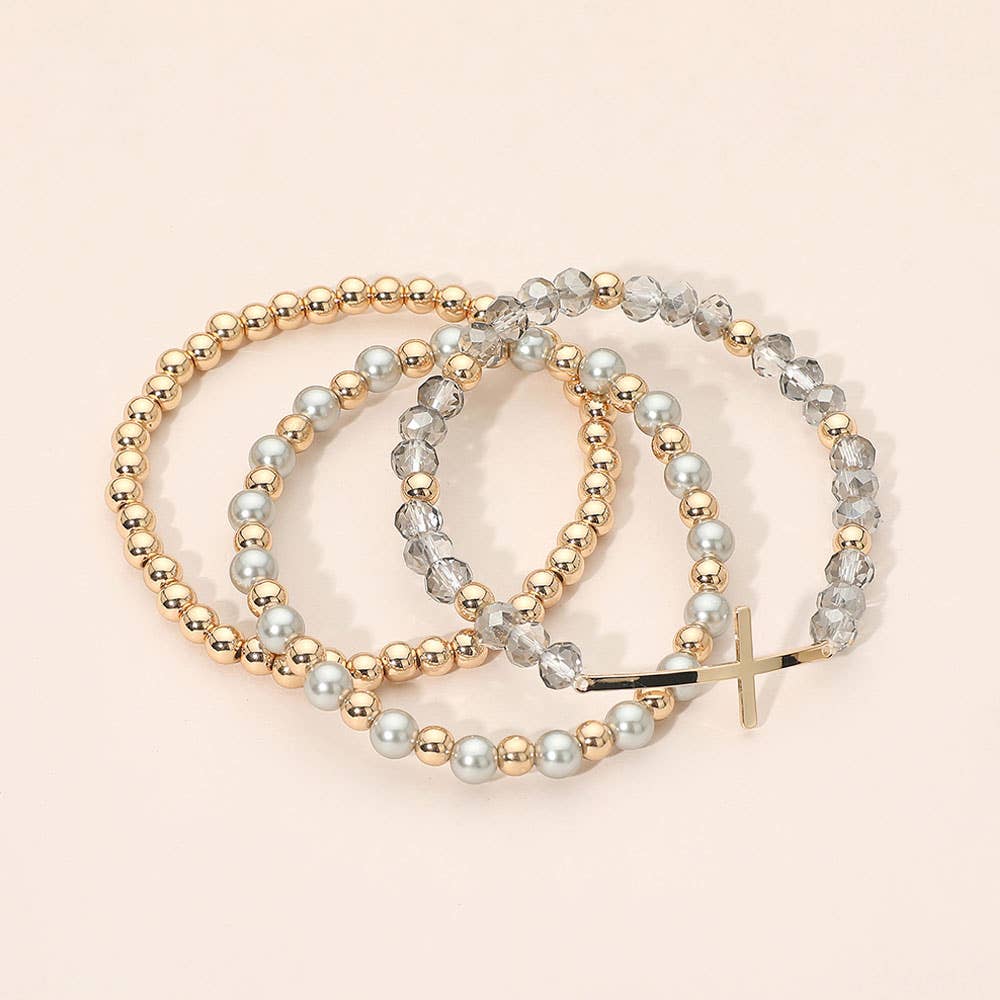 3PCS - Cross Charm Pearl Metal Ball Faceted Beaded Stretch Multi Layered Bracelets