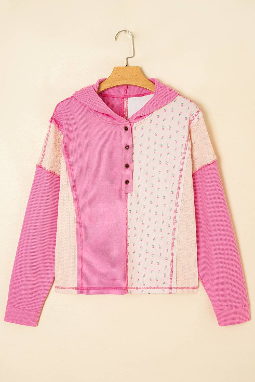 Pink Texture Floral Patched Hooded Oversize Pullover