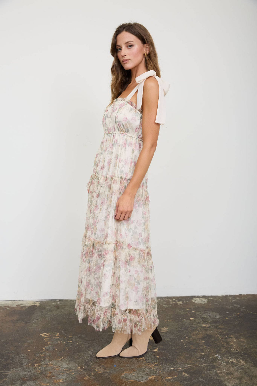 FLORAL CHIFFON TIE STRAP RUFFLED TIERED MIDI DRESS
