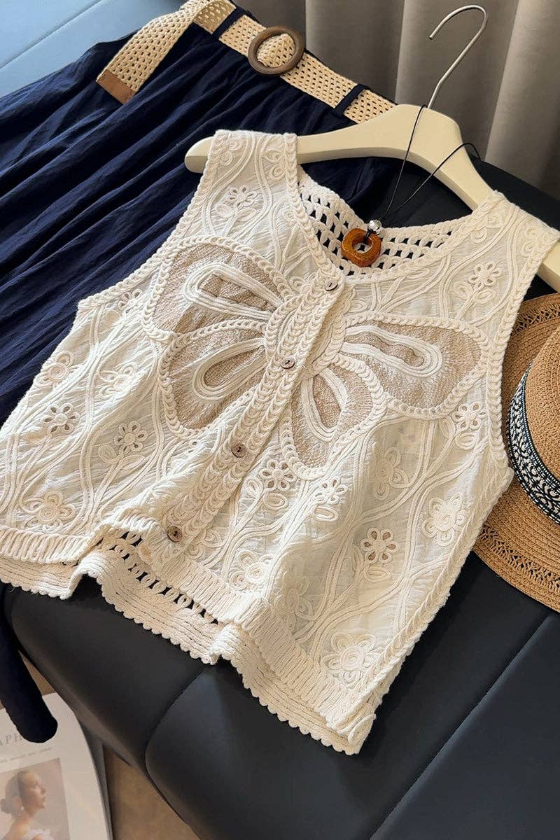 Buttoned Lace Top with Crochet Details