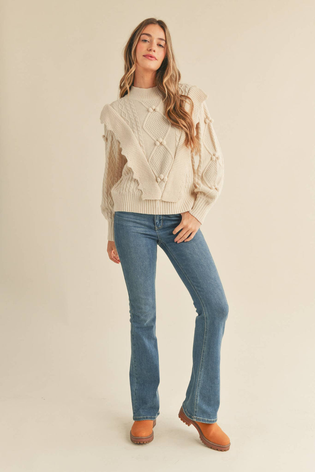 MOCK NECK CABLE KNIT PULLOVER WITH POM