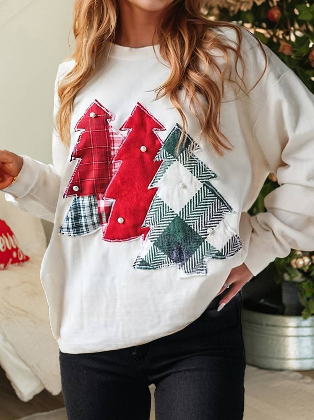Pearl Plaid Christmas Tree Patched Drop Shoulder Sweatshirt