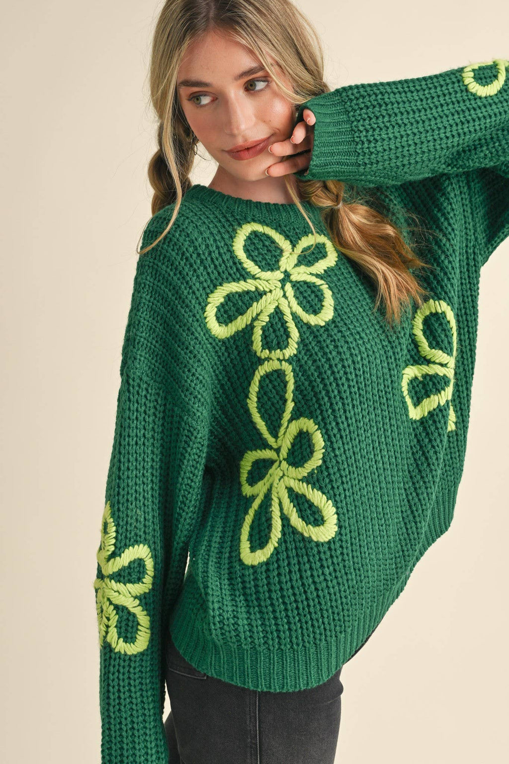 FLORAL CONTRAST STITCH PULLOVER SWEATER