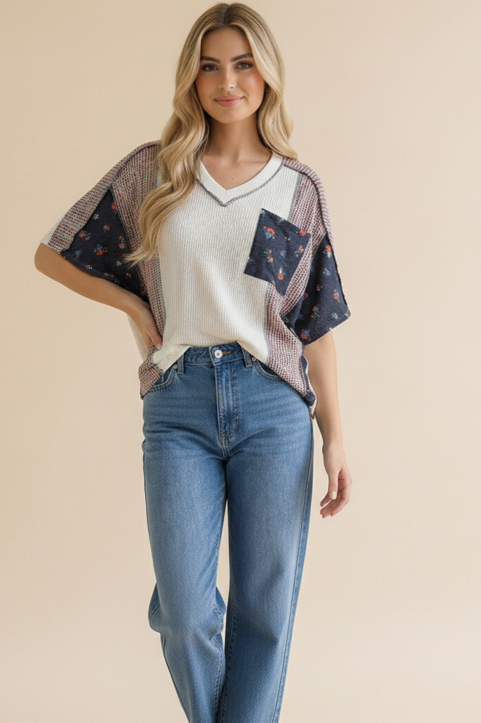 Plus Floral Pocket Dolman Wave Rib Knit Top