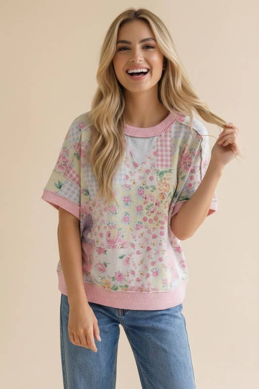 Plus Floral Patchwork Top With Triangle Detail
