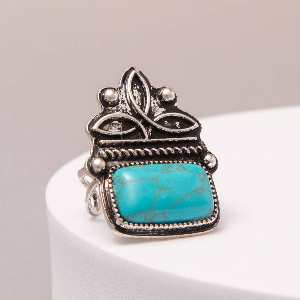 Western Turquoise Rectangle Boot Stitch Cuff Ring