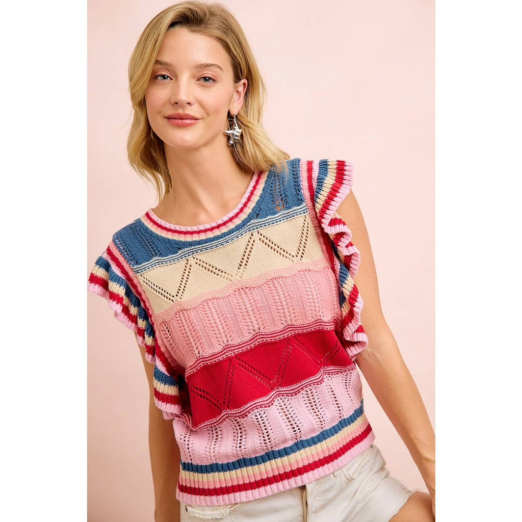 4TH OF JULY THEME MULTI COLORS RUFFLED SLEEVES TOP