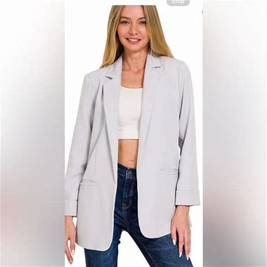 Zenana Woven 3/4 Ruched Sleeve Open Front Classic Blazer