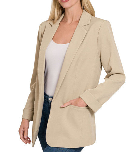 Zenana Woven 3/4 Ruched Sleeve Open Front Classic Blazer