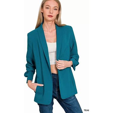 Zenana Woven 3/4 Ruched Sleeve Open Front Classic Blazer
